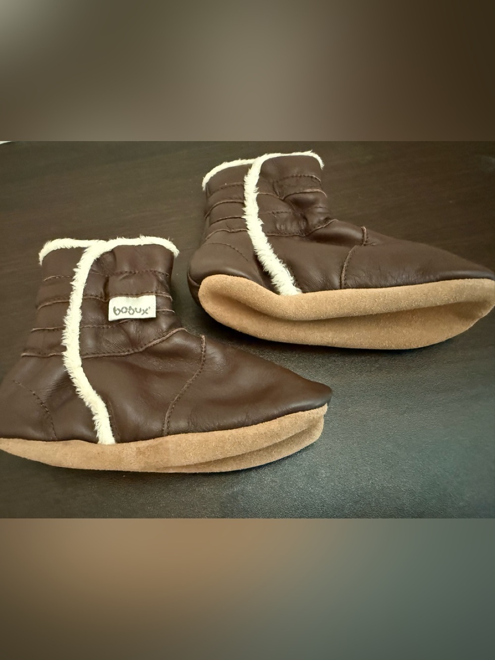 Bobux Brown Baby Booties with Cream Faux Fur Trim